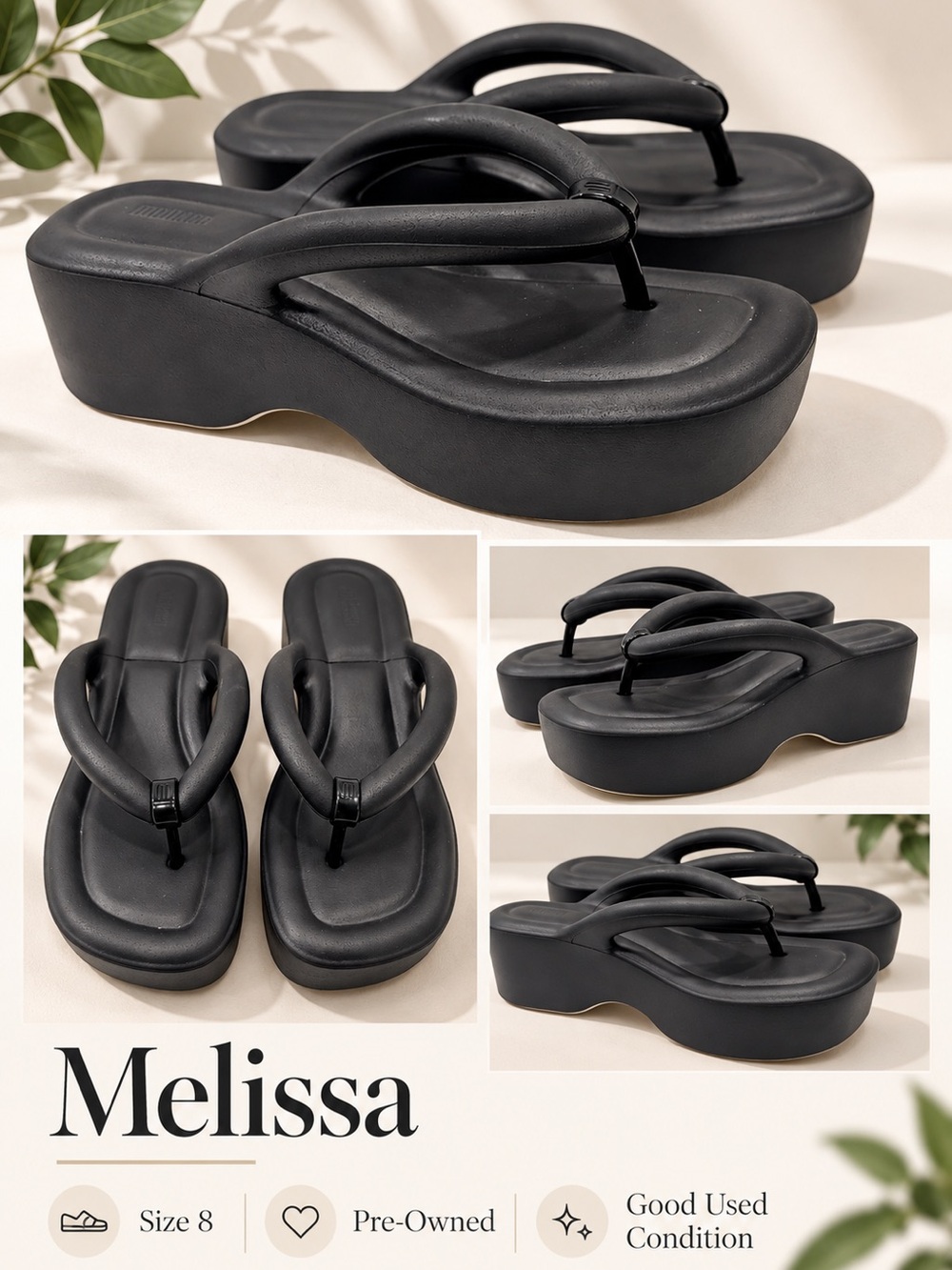 Melissa Black Platform Thong Sandals size 8